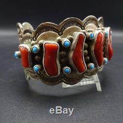 Vintage NAVAJO Hand-Stamped Sterling Silver CORAL & TURQUOISE Cuff BRACELET