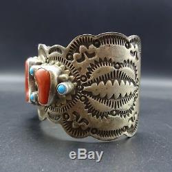 Vintage NAVAJO Hand-Stamped Sterling Silver CORAL & TURQUOISE Cuff BRACELET