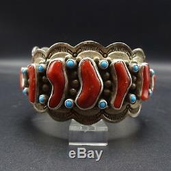 Vintage NAVAJO Hand-Stamped Sterling Silver CORAL & TURQUOISE Cuff BRACELET