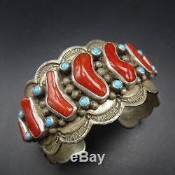 Vintage NAVAJO Hand-Stamped Sterling Silver CORAL & TURQUOISE Cuff BRACELET