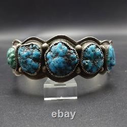 Vintage NAVAJO Hand Stamped Sterling Silver & TURQUOISE Cuff BRACELET 56g