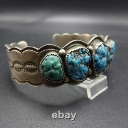 Vintage NAVAJO Hand Stamped Sterling Silver & TURQUOISE Cuff BRACELET 56g