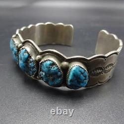 Vintage NAVAJO Hand Stamped Sterling Silver & TURQUOISE Cuff BRACELET 56g