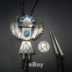 Vintage NAVAJO Hand-Stamped Sterling Silver TURQUOISE Eagle Kachina BOLO Tie
