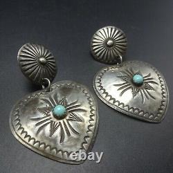Vintage NAVAJO Hand-Stamped Sterling Silver TURQUOISE Heart-Shaped EARRINGS