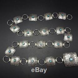Vintage NAVAJO Hand Stamped Sterling Silver & TURQUOISE Square Concho BELT 36