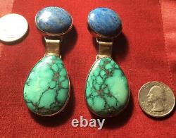 Vintage NAVAJO Handmade SOLID Turquoise Sterling Silver Dangle Earrings Clip On