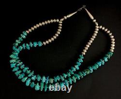 Vintage NAVAJO Handmade Silver-Turquoise Nugget Beaded Stranded Necklace, 80g