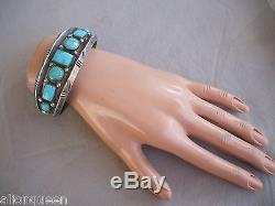 Vintage NAVAJO Heavy Gauge Hand-Tooled Sterling Silver & Turquoise Cuff BRACELET