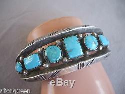 Vintage NAVAJO Heavy Gauge Hand-Tooled Sterling Silver & Turquoise Cuff BRACELET