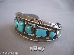 Vintage NAVAJO Heavy Gauge Hand-Tooled Sterling Silver & Turquoise Cuff BRACELET