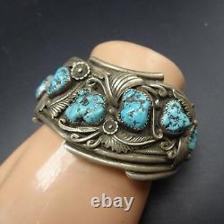 Vintage NAVAJO Highly Detailed Sterling Silver TURQUOISE Cuff BRACELET 83.5g