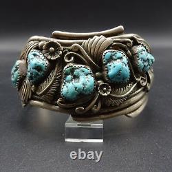 Vintage NAVAJO Highly Detailed Sterling Silver TURQUOISE Cuff BRACELET 83.5g