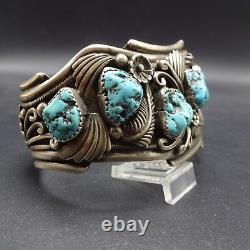 Vintage NAVAJO Highly Detailed Sterling Silver TURQUOISE Cuff BRACELET 83.5g