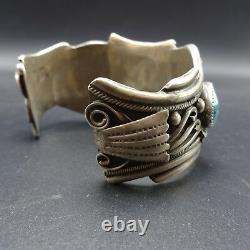 Vintage NAVAJO Highly Detailed Sterling Silver TURQUOISE Cuff BRACELET 83.5g