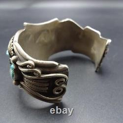 Vintage NAVAJO Highly Detailed Sterling Silver TURQUOISE Cuff BRACELET 83.5g