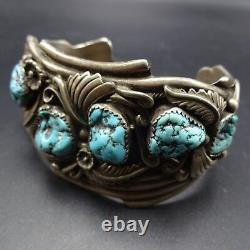 Vintage NAVAJO Highly Detailed Sterling Silver TURQUOISE Cuff BRACELET 83.5g