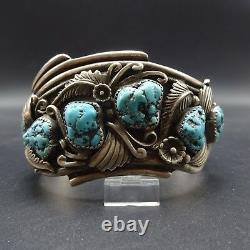 Vintage NAVAJO Highly Detailed Sterling Silver TURQUOISE Cuff BRACELET 83.5g