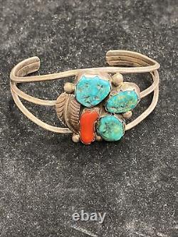 Vintage NAVAJO Old Pawn MENS Coral & Turquoise Forged Sterling Blossom Bracelet