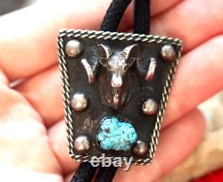 Vintage NAVAJO RAM'S HEAD + TURQUOISE STERLING bolo signed BIGHORN SHEEP Gertie