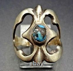 Vintage NAVAJO Sand Cast Sterling Silver & BISBEE BLUE TURQUOISE RING, size 9
