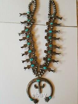 Vintage NAVAJO Silver & Turquoise SQUASH BLOSSOM Necklace, Double Naja