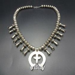 Vintage NAVAJO Single Strand WIDE BEADS Sterling Silver SQUASH BLOSSOM Necklace