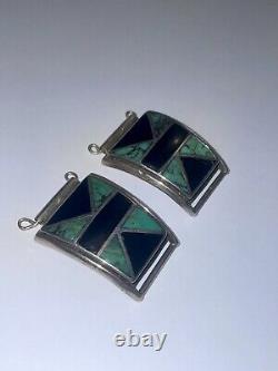 Vintage NAVAJO Solid Sterling Silver Turquoise Onyx Inlay Watch Band Cuff Links