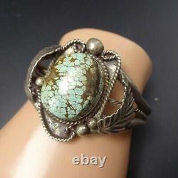 Vintage NAVAJO Sterling Silver #8 TURQUOISE Cuff BRACELET Applied Leaves