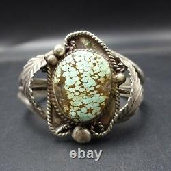 Vintage NAVAJO Sterling Silver #8 TURQUOISE Cuff BRACELET Applied Leaves