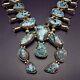 Vintage NAVAJO Sterling Silver BLUE DIAMOND Turquoise SQUASH BLOSSOM Necklace