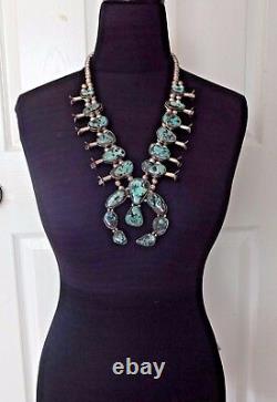 Vintage NAVAJO Sterling Silver BLUE DIAMOND Turquoise SQUASH BLOSSOM Necklace