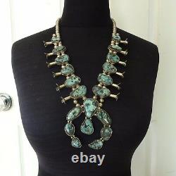 Vintage NAVAJO Sterling Silver BLUE DIAMOND Turquoise SQUASH BLOSSOM Necklace