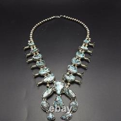 Vintage NAVAJO Sterling Silver BLUE DIAMOND Turquoise SQUASH BLOSSOM Necklace