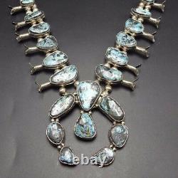 Vintage NAVAJO Sterling Silver BLUE DIAMOND Turquoise SQUASH BLOSSOM Necklace