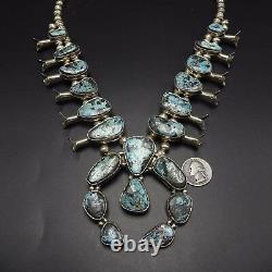 Vintage NAVAJO Sterling Silver BLUE DIAMOND Turquoise SQUASH BLOSSOM Necklace