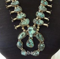 Vintage NAVAJO Sterling Silver BLUE DIAMOND Turquoise SQUASH BLOSSOM Necklace