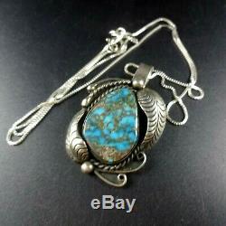 Vintage NAVAJO Sterling Silver CANDELARIA TURQUOISE PENDANT + 18 Box Chain