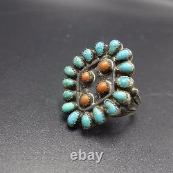 Vintage NAVAJO Sterling Silver CORAL & TURQUOISE Petit Point RING, size 7.5