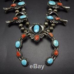 Vintage NAVAJO Sterling Silver CORAL & Turquoise SQUASH BLOSSOM Necklace