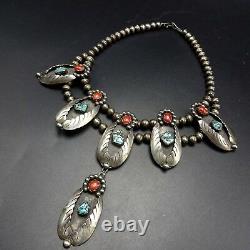 Vintage NAVAJO Sterling Silver CORAL and TURQUOISE Squash Blossom Style NECKLACE