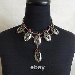 Vintage NAVAJO Sterling Silver CORAL and TURQUOISE Squash Blossom Style NECKLACE