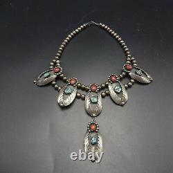 Vintage NAVAJO Sterling Silver CORAL and TURQUOISE Squash Blossom Style NECKLACE