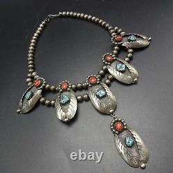 Vintage NAVAJO Sterling Silver CORAL and TURQUOISE Squash Blossom Style NECKLACE