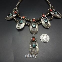 Vintage NAVAJO Sterling Silver CORAL and TURQUOISE Squash Blossom Style NECKLACE