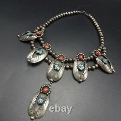 Vintage NAVAJO Sterling Silver CORAL and TURQUOISE Squash Blossom Style NECKLACE