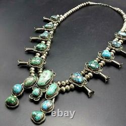 Vintage NAVAJO Sterling Silver NATURAL TURQUOISE CABS Squash Blossom NECKLACE