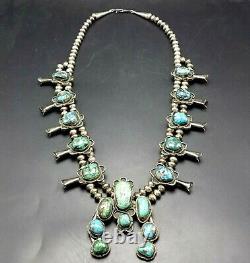 Vintage NAVAJO Sterling Silver NATURAL TURQUOISE CABS Squash Blossom NECKLACE