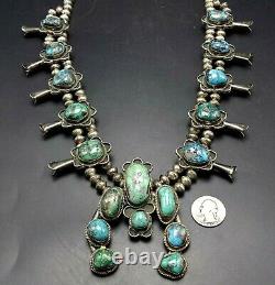 Vintage NAVAJO Sterling Silver NATURAL TURQUOISE CABS Squash Blossom NECKLACE