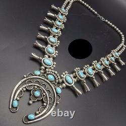 Vintage NAVAJO Sterling Silver SLEEPING BEAUTY Turquoise SQUASH BLOSSOM Necklace